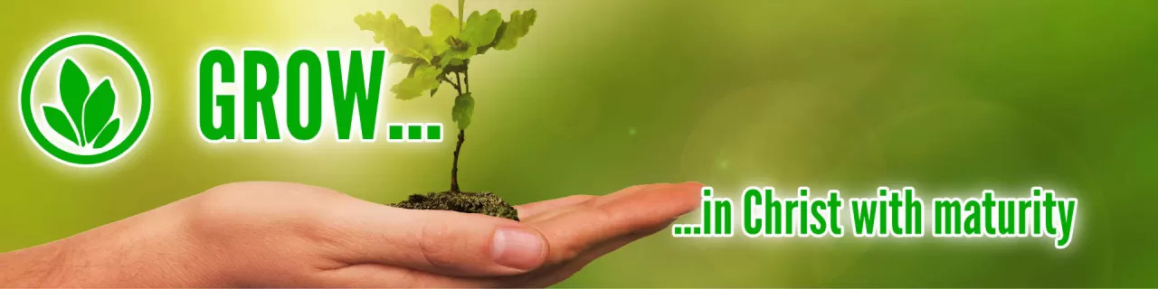 Grow in Christ with Maturity text and graphic over image of hand holding oak sapling